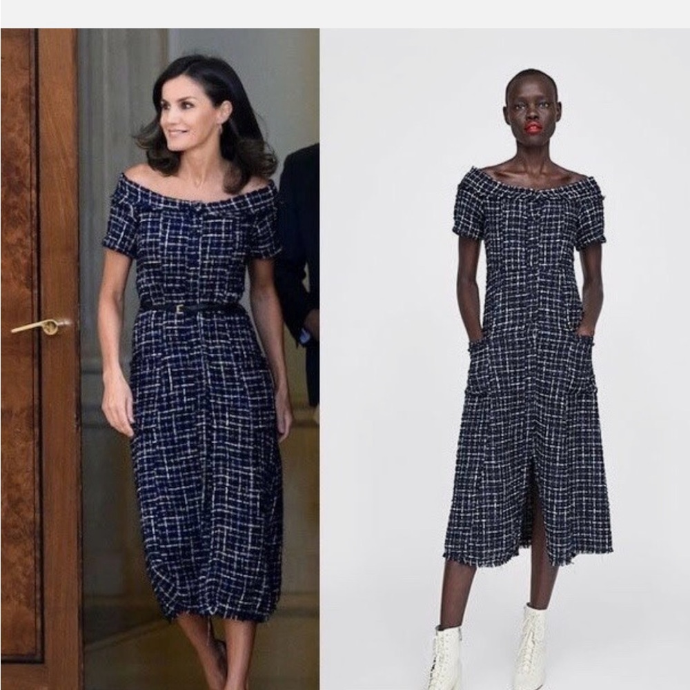 Zara Navy and White Off-Shoulder Midi Dress
